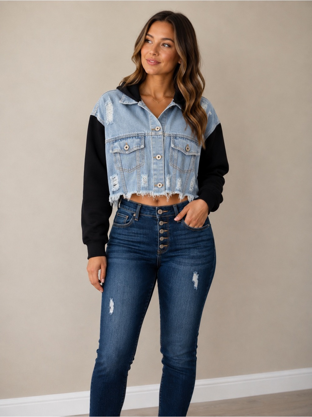Cropped Distressed Denim Jacket with Black Hoodie Sleeves - Light Blue